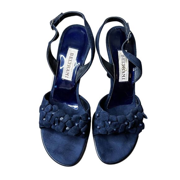 BELTRAMI Suede Sandals Navy Blue 3D Floral Design Sling Back Italy EU 38 US 7.5 - Picture 3 of 14